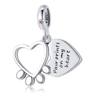 925 Silver Paw Prints On My Heart Charm